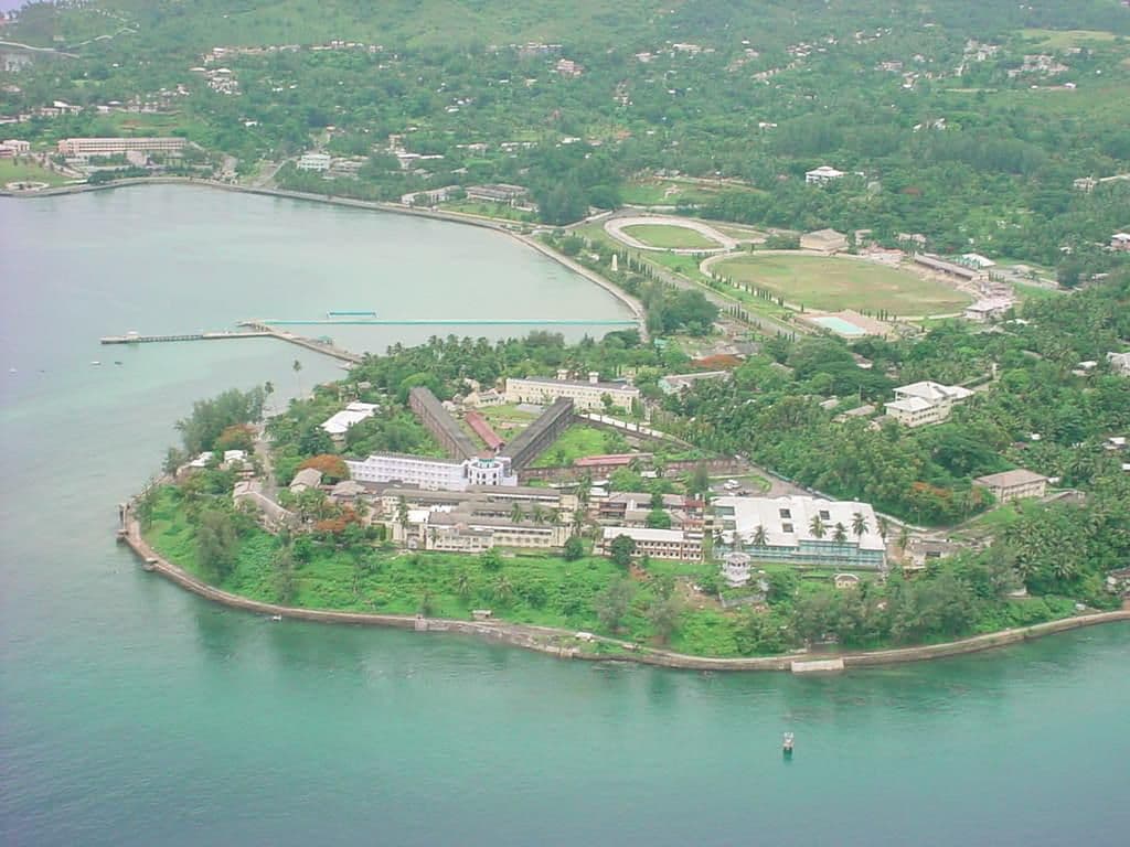 Aerial view of Cellular Jail National Memorial and the waterfront in Port Blair