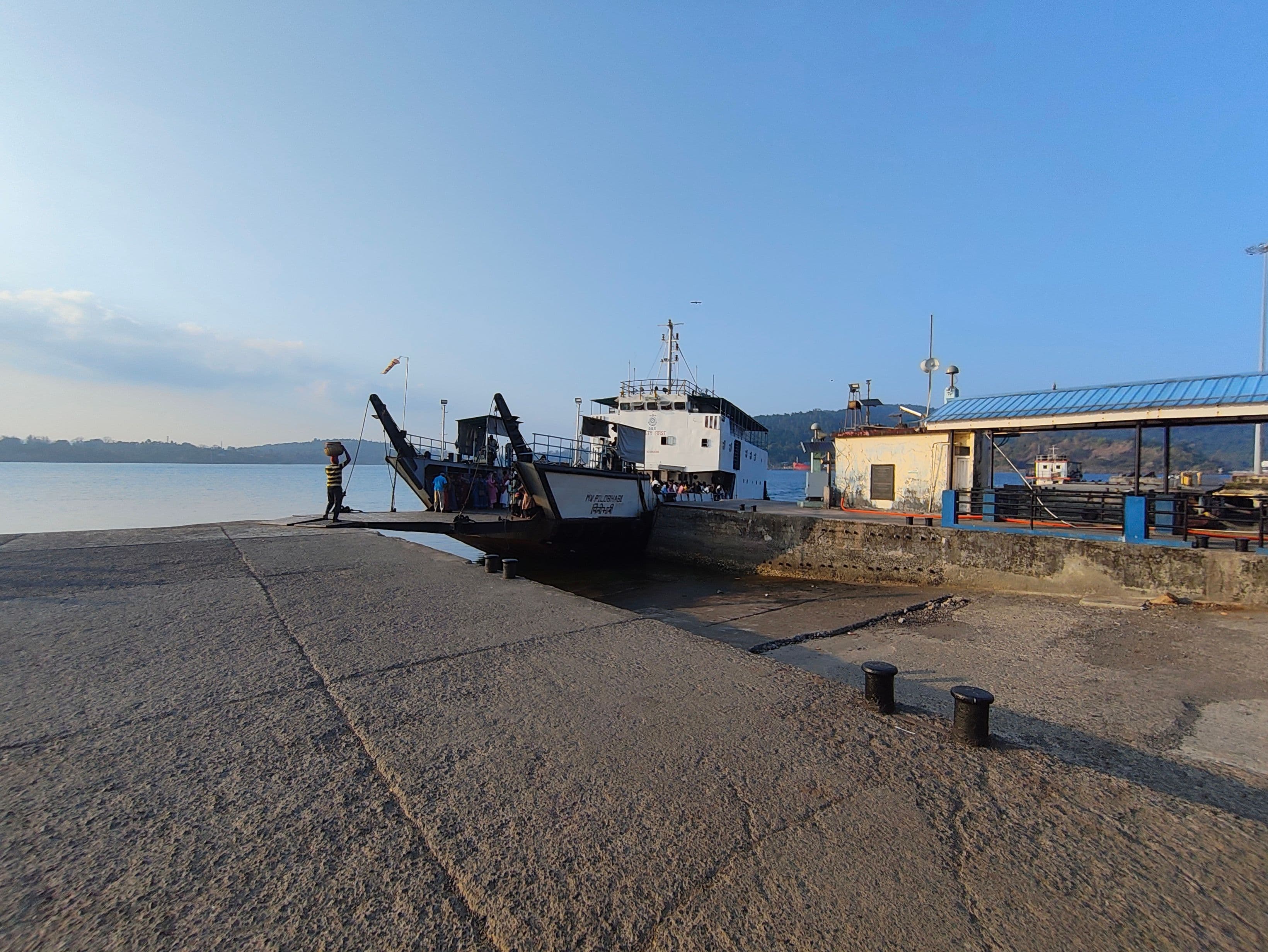 Passenger ferry docked at Chatham Jetty in Port Blair beside the waterfront terminal