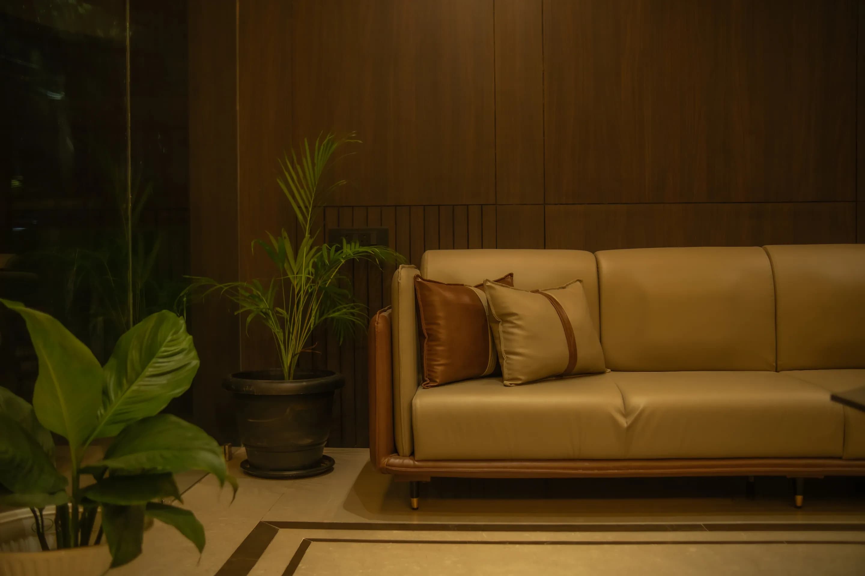 Lobby sofa beside green potted plants against a wooden wall