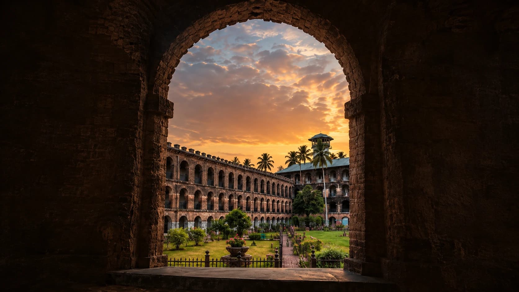 An archway framing a historic courtyard and warm sunset, supplied as the Explore page visual.