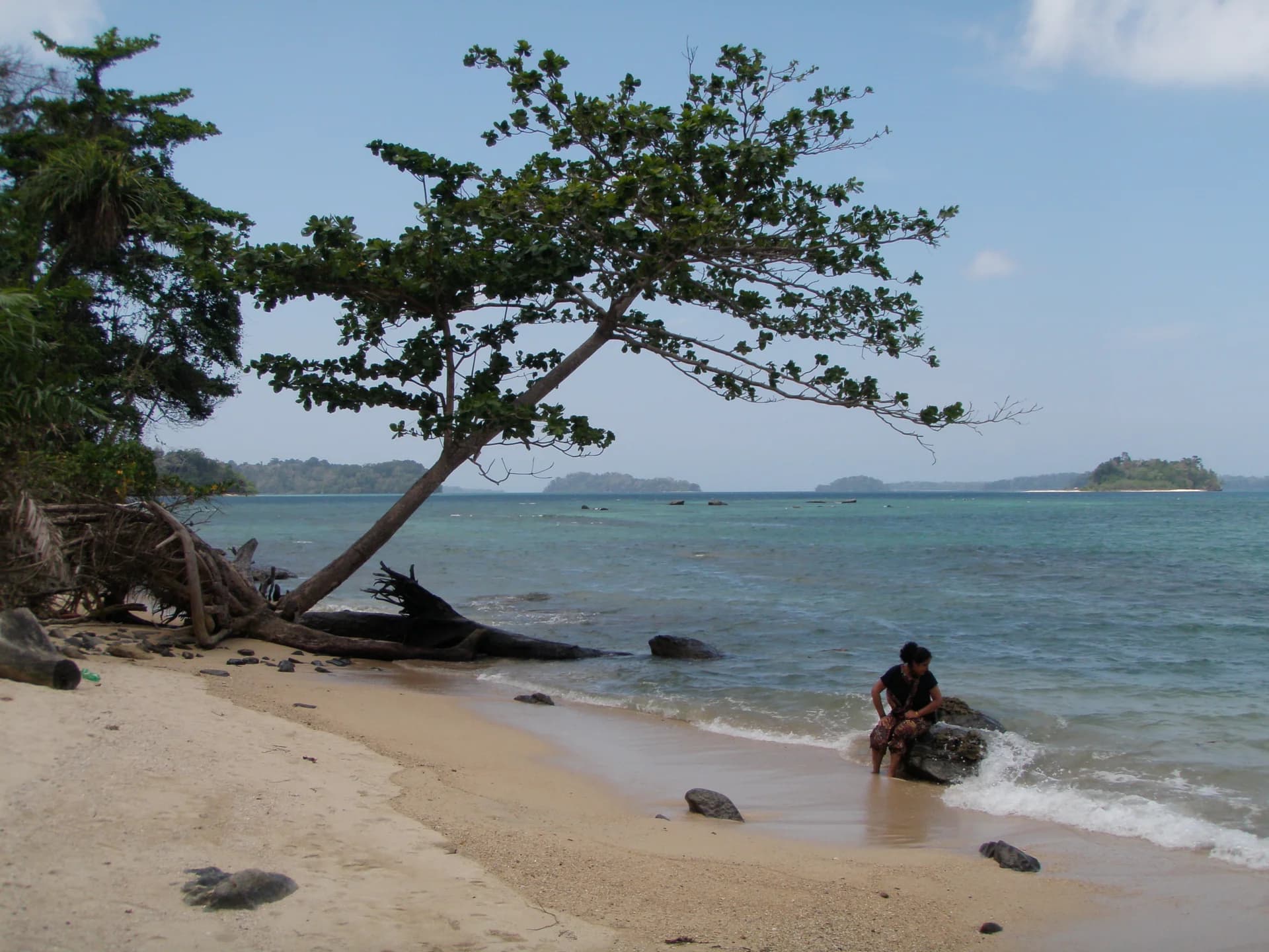The quiet sandy coastline and blue-green water at Wandoor Beach, South Andaman.